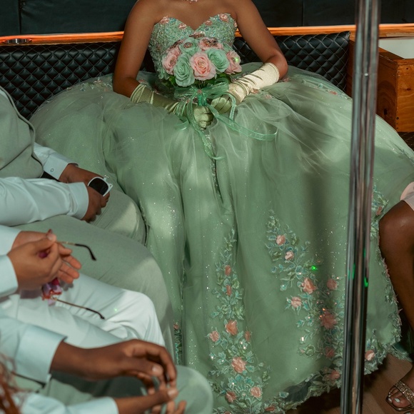 Sage Green Quinceañera Dress With Train - Picture 9 of 9